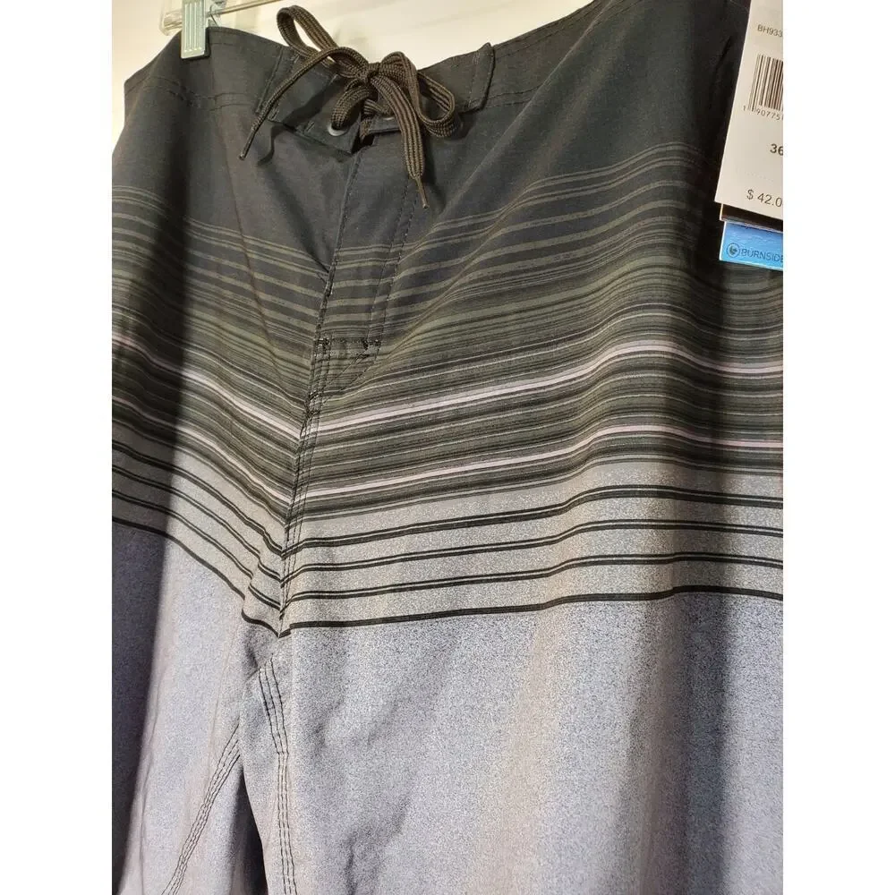 Burnside Men’s Board Shorts Gray Black Stripe Quick Dry Stretch Size 36 NWT